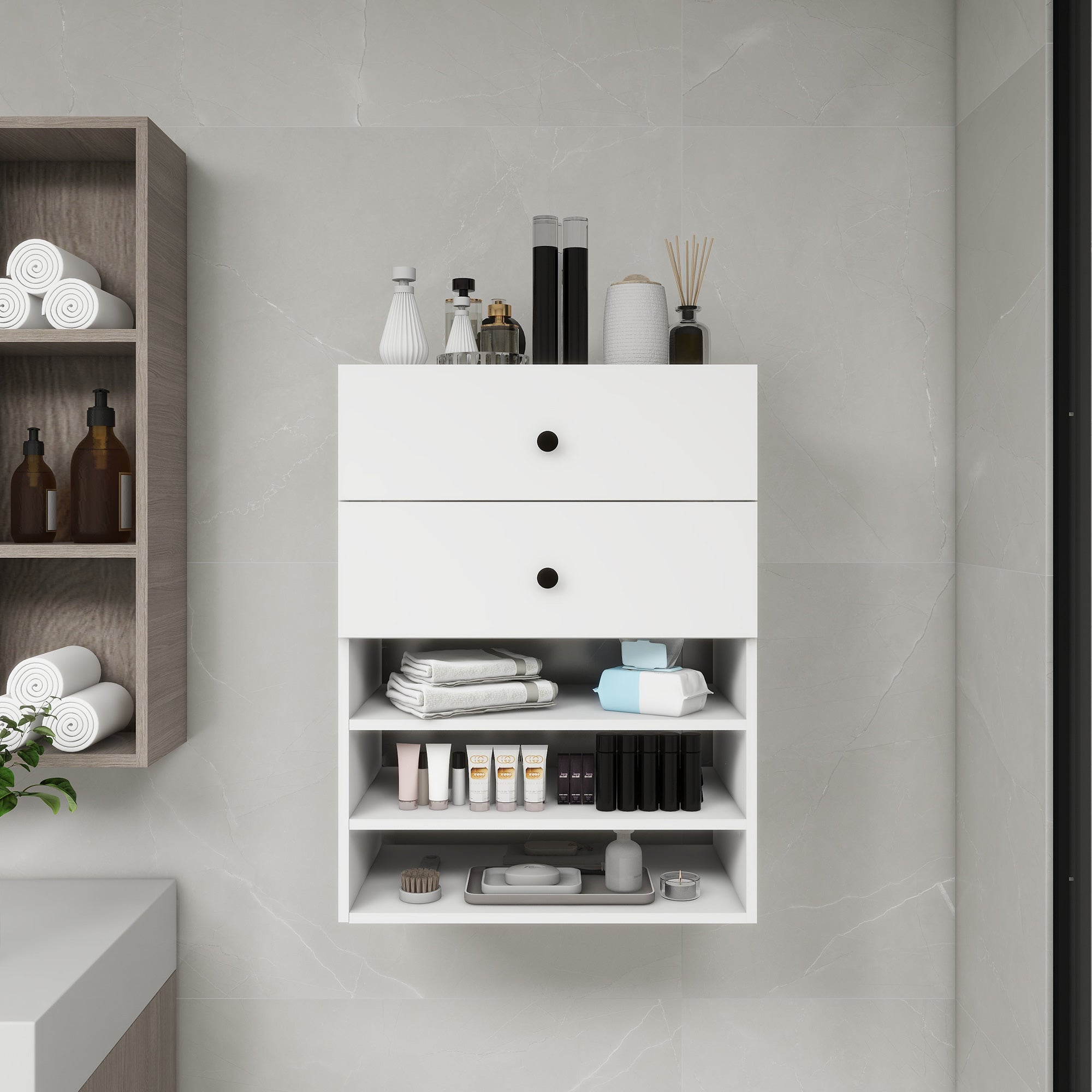 Modular Wooden Closet Organizer System with 2 Drawers & 3 Shelves | White Wall Mount Closet Storage