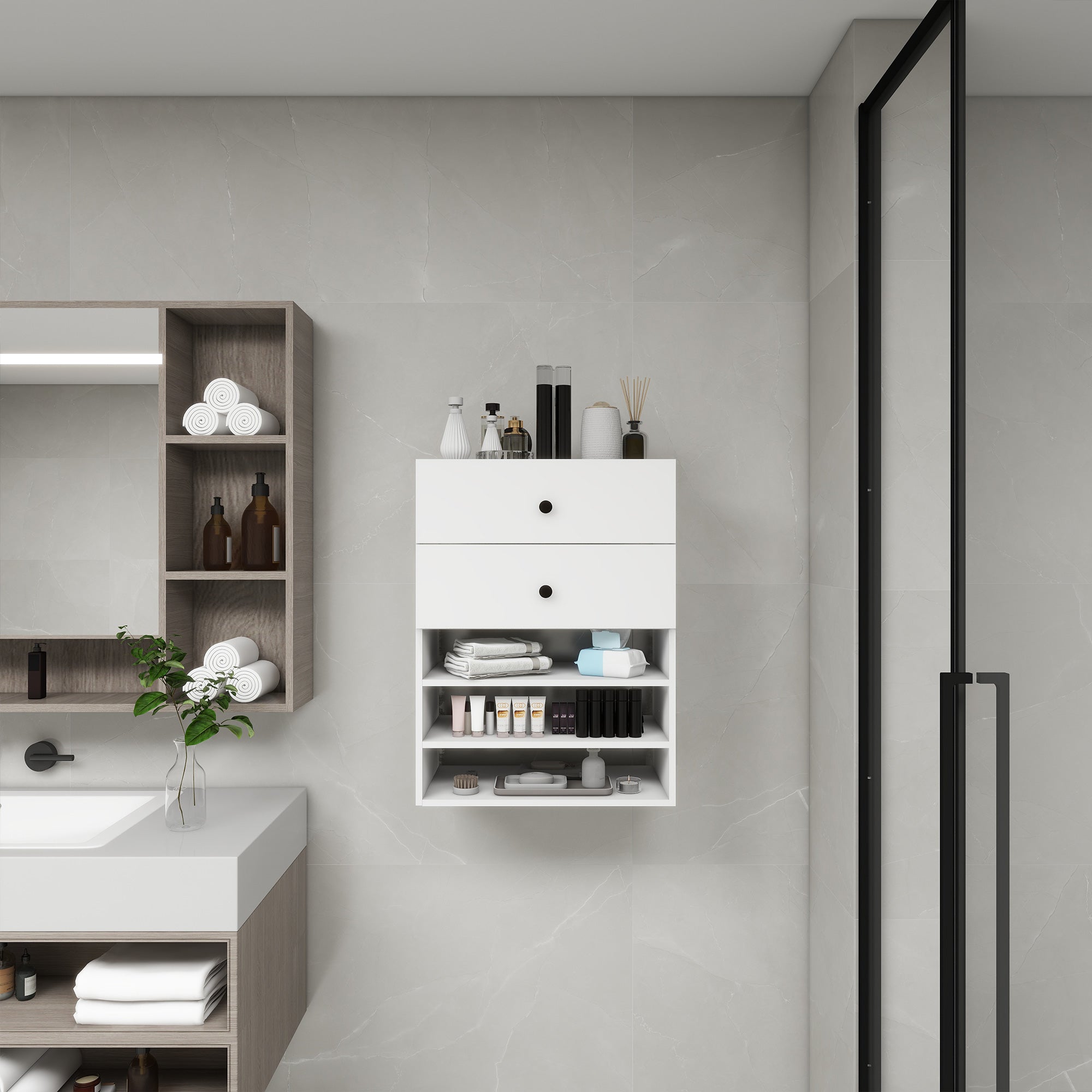 Modular Wooden Closet Organizer System with 2 Drawers & 3 Shelves | White Wall Mount Closet Storage